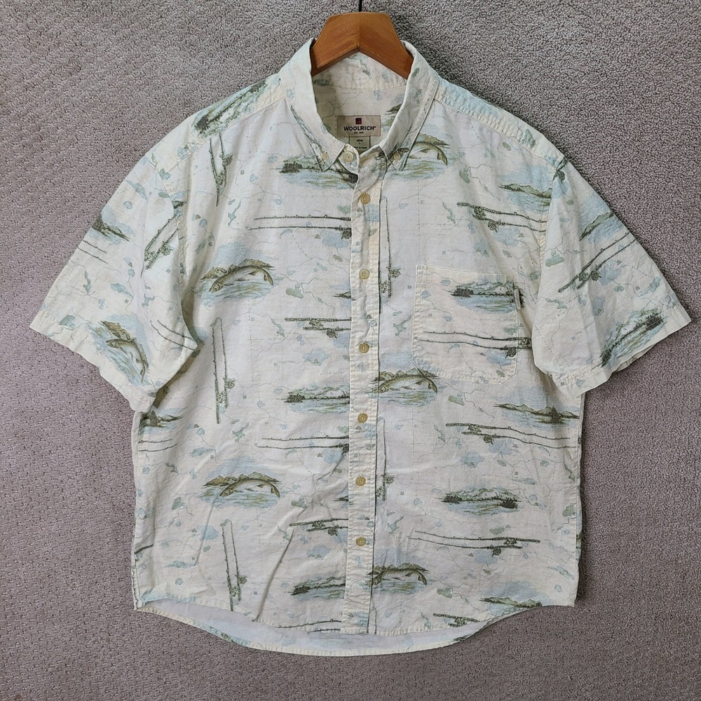 Woolrich Shirt Mens L Cream Fishing Print Button Down Cotton Short Sleeve Casual